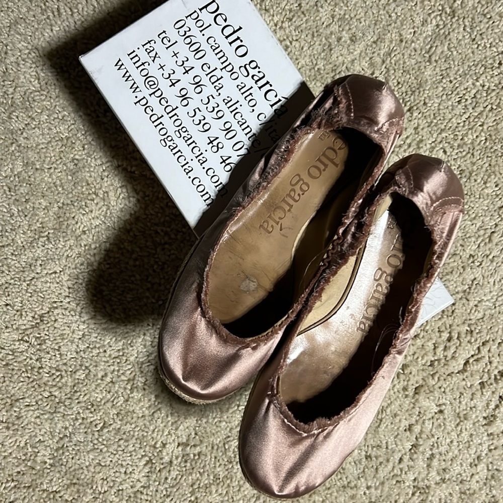 Pedro Garcia, frayed satin, espadrille, ballet, flat, color, bisque, size 11